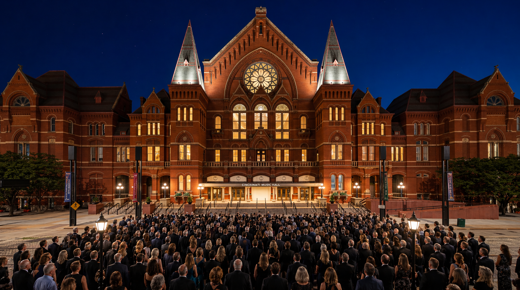 Cincinnati Music Hall façade at dusk, crowd assembled