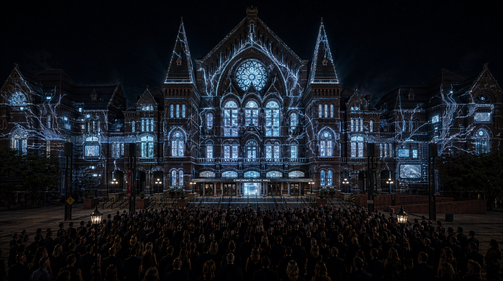 Act III: Current style frame, cold electric circuitry across the façade