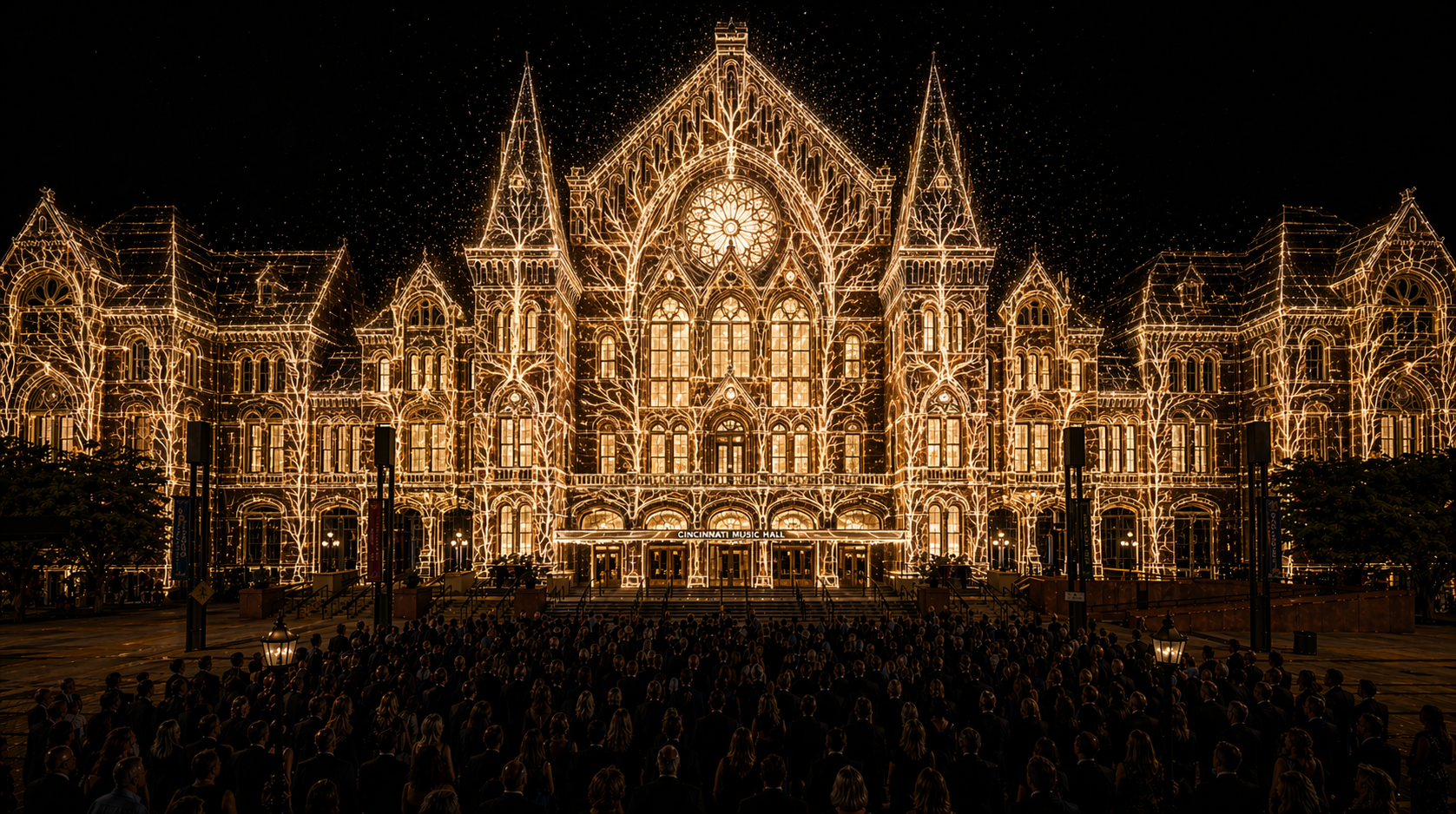 Act I: Prairie style frame, ornamental gold filigree across the façade at dusk