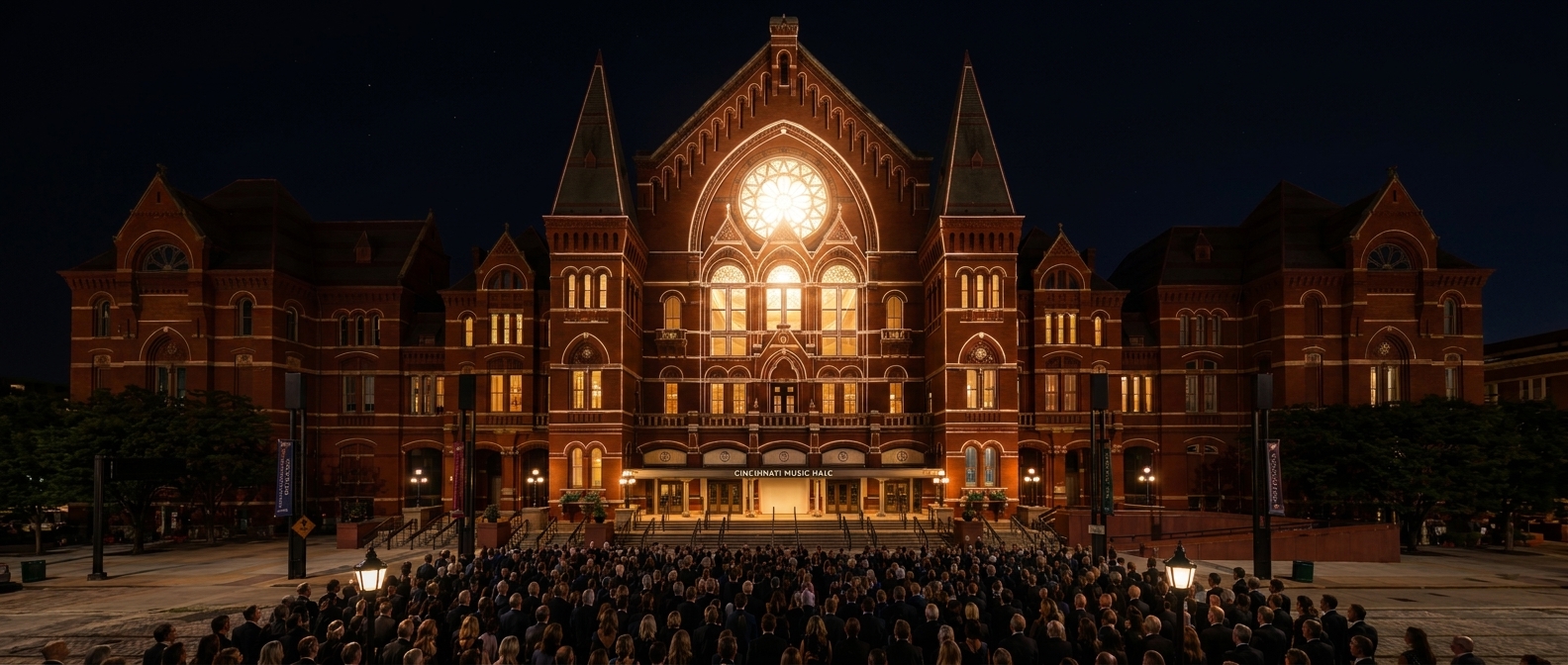 Act V variant: single beacon at the rose window with radiant tracing lines