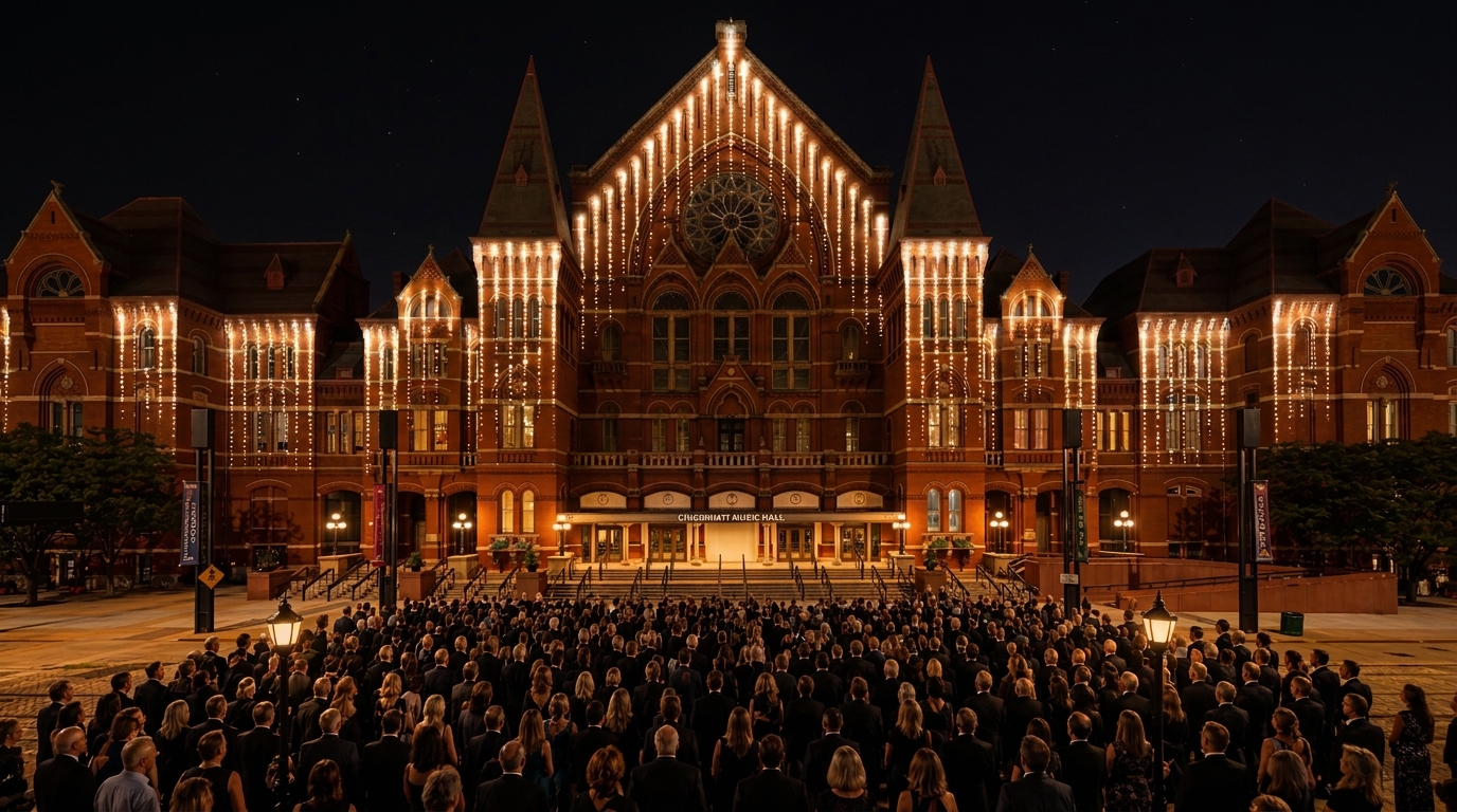 Act V variant: luminous columns of ascending light from the rooflines