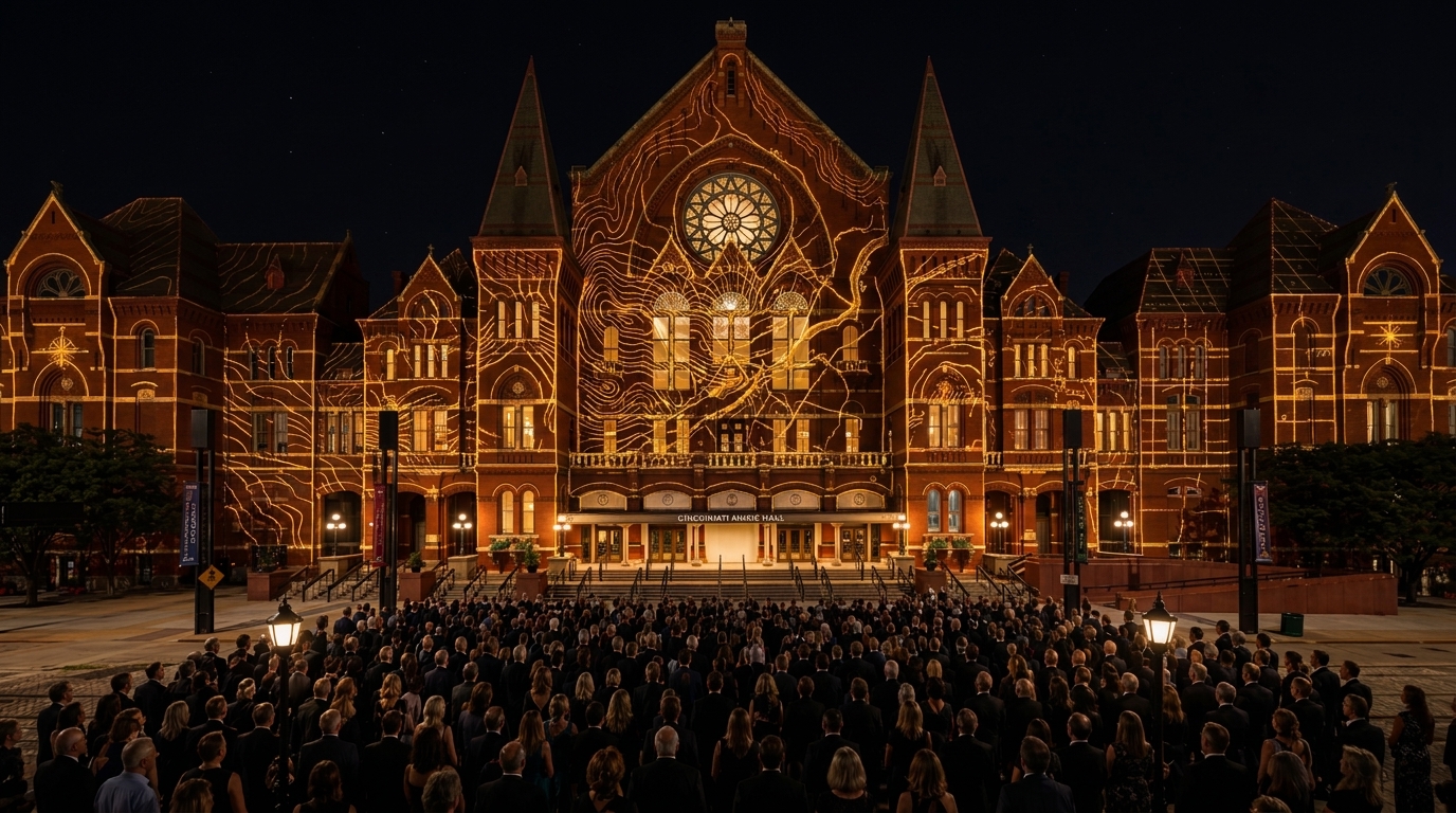 Act I variant: hand-drawn cartographic lines across the façade