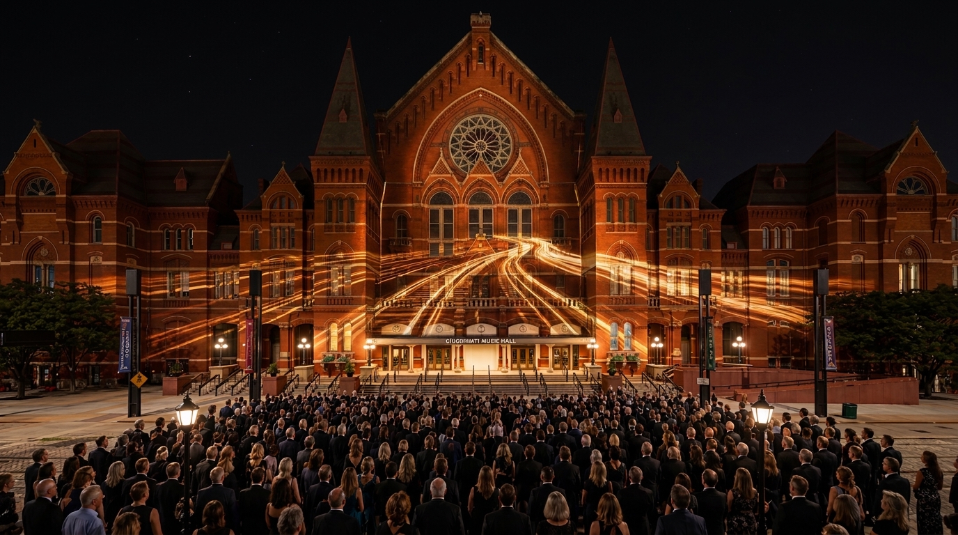 Act I variant: westward trails of light across the lower façade