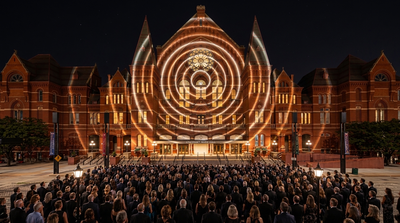 Act IV variant: heartbeat-like pulses radiating from the rose window