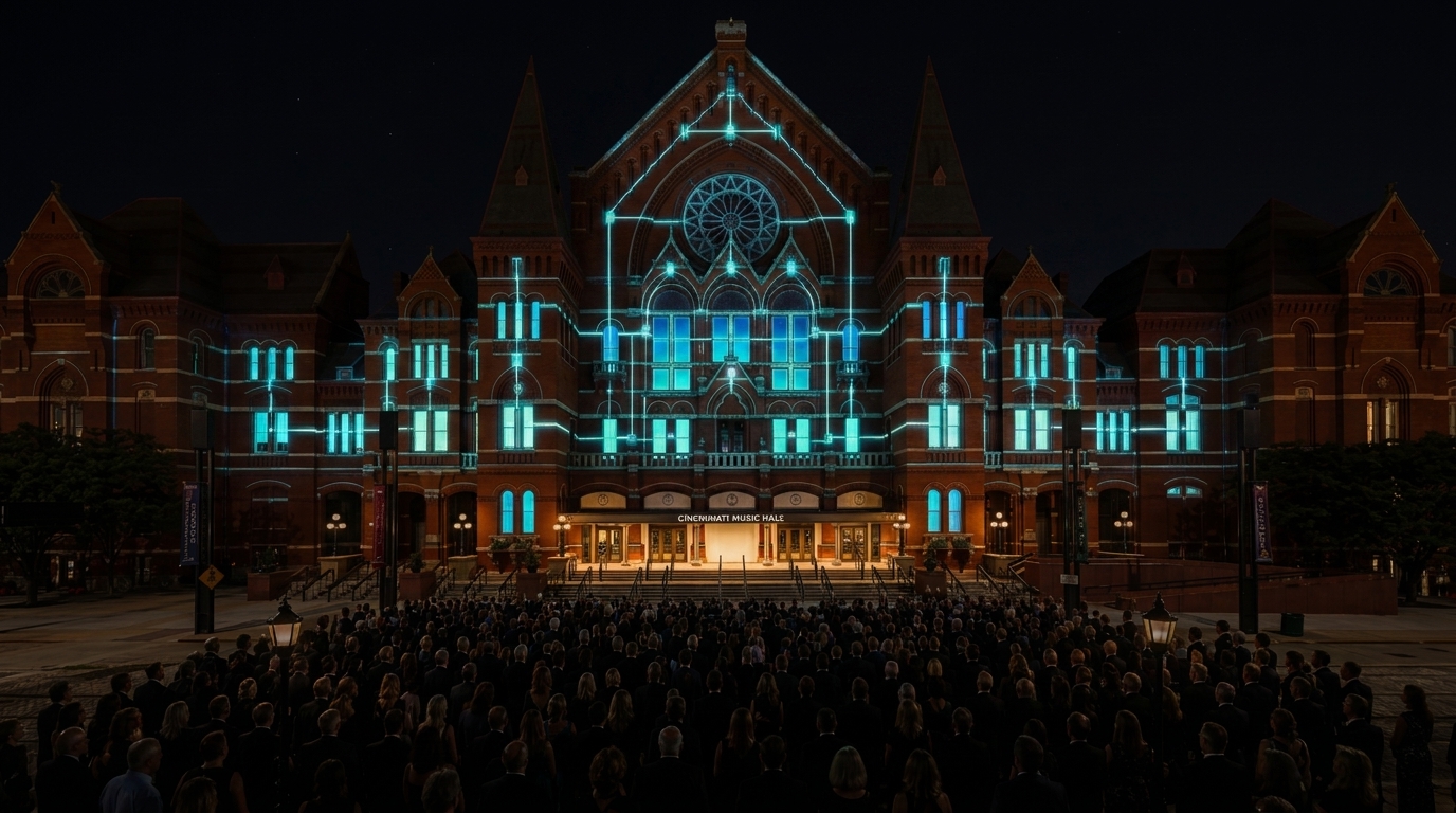 Act III variant: windows lighting up as discrete pixels