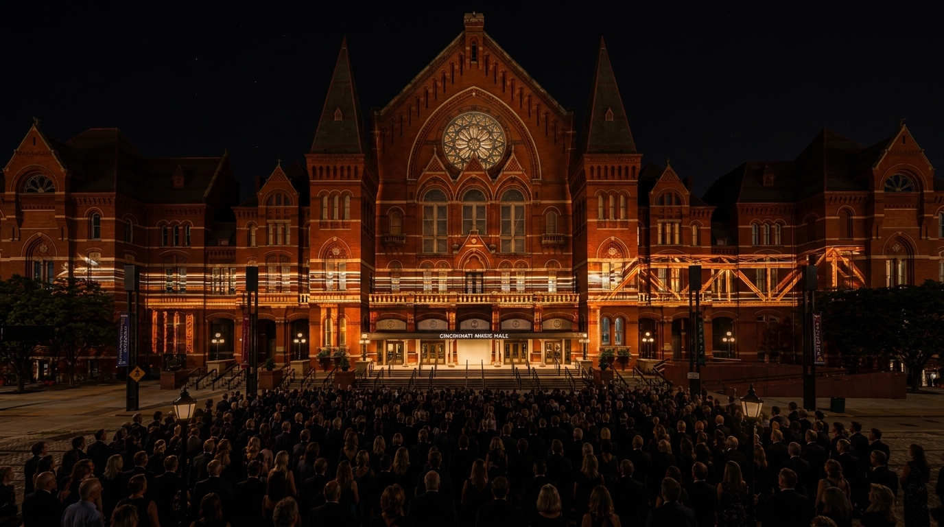 Act II variant: rail lines and bridge trusses across the lower façade